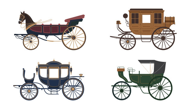 Vintage Horse Carriage and Antique Royal Coach Vector Element Set with Stagecoach, Brougham, and Open Top Buggy Icons for Western History Books, Fairy Tale Weddings, and Nostalgic Transportation Desig