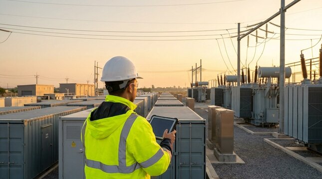 Engineer validating renewable microgrid and energy storage system with tablet at power station