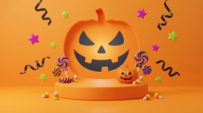 Halloween pumpkin decoration with candy and confetti on orange background