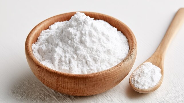 White starch powder in a wooden bowl with a small spoon. Useful for cooking and baking ingredient concepts.