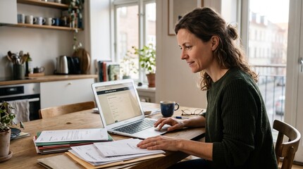 Fototapeta premium European woman completing online government paperwork at home