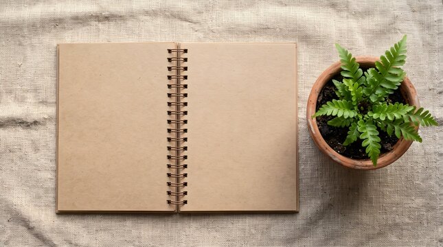 High angle eco friendly mockup of an open blank kraft paper notebook next to a potted fern on raw linen