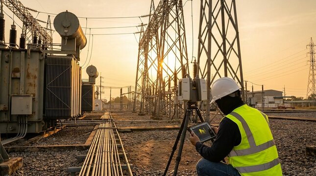Engineer conducting LiDAR asset inspection at high voltage electrical substation at sunset