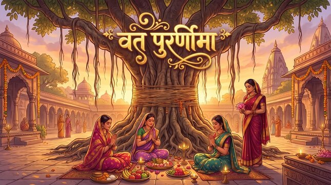 Indian women celebrating Vat Savitri Vrat, Vat Purnima (Pournima), Savitri Amavasya, Bargad Pooja, and the Banyan Tree Festival.