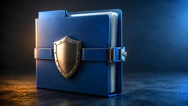 Blue folder with metallic shield and lock symbolizing data security
