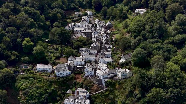 Aerial view of clovelly village and harbour in devon england