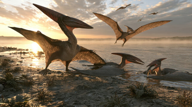 Group of realistic pterodactyl dinosaurs on prehistoric riverbank during golden sunset, flying pteranodons in sky, extinct flying reptiles catching fish, ancient prehistoric environment concept art