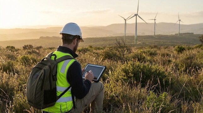 Specialist overseeing renewable energy operations, utilizing a digital tablet to monitor environmental conditions and collect data at a modern wind farm