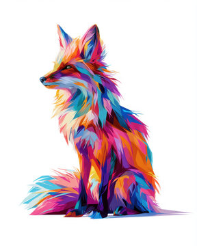 Vibrant colorful low poly geometric red fox portrait illustration on pure white background, creative abstract animal artwork, modern colorful wild animal design, bright polygon fox art poster