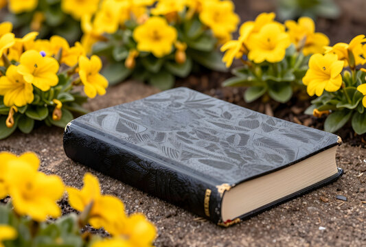 Closed black book with ornate cover design resting on the ground surrounded by yellow primrose flowers