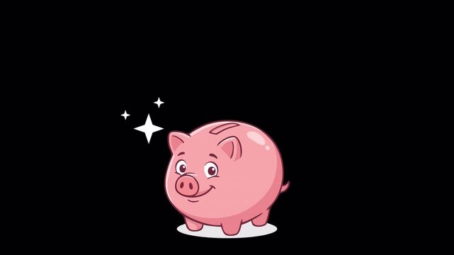 Cute cartoon pink piggy bank animation with a gold coin falling into the slot on a transparent alpha channel background for financial savings and investment concepts