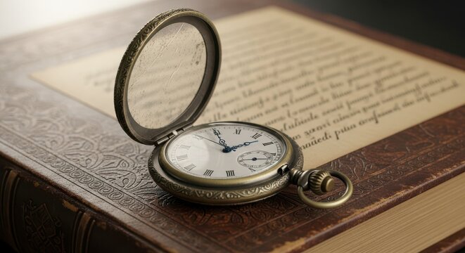 Antique pocket watch open on a vintage book with handwritten text, evoking nostalgia.