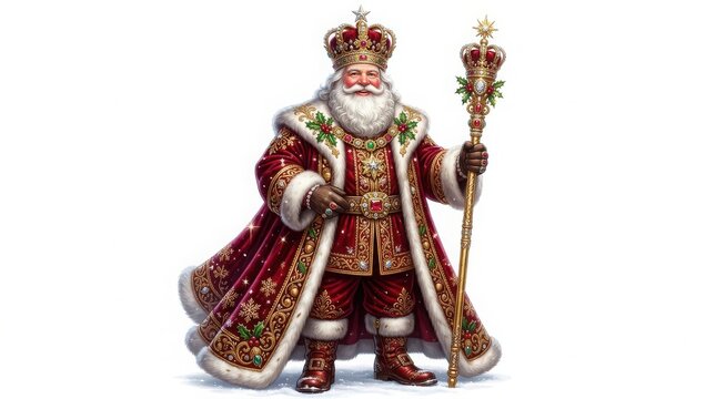 Regal winter king santa claus with jeweled crown and staff for luxury christmas greeting card design.
