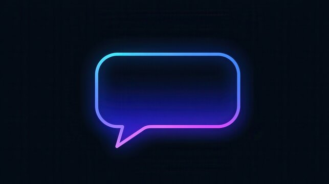 A glowing blue neon speech bubble floats against a dark background. Communication concept for social media graphics.