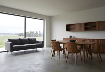 Fototapeta premium Modern minimalist living and dining room interior with large window overlooking a green landscape