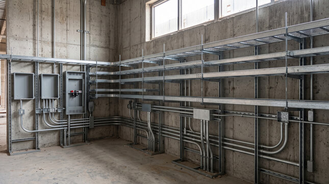 Industrial electrical control panel installation in unfinished commercial utility room with metal conduit