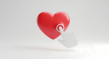 Fototapeta premium White cursor hand clicking big 3D red heart love icon with generated by AI