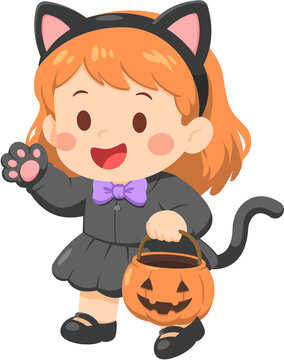 Girl in Cat Costume Trick or treating with Pumpkin