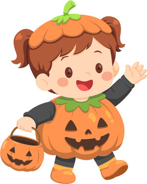 Kid Waving in Pumpkin Costume Holding Candy Bag