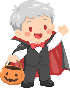 Cute Vampire Boy Trick or treating with Pumpkin