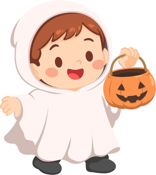 Child in Ghost Costume with Pumpkin Bucket
