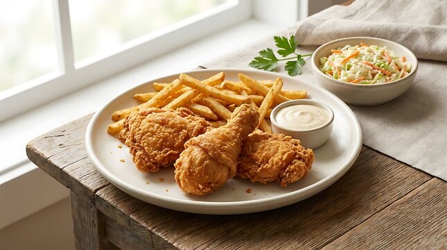 Crispy fried chicken with french fries and coleslaw on a plate near a bright window. combo meal inspiration