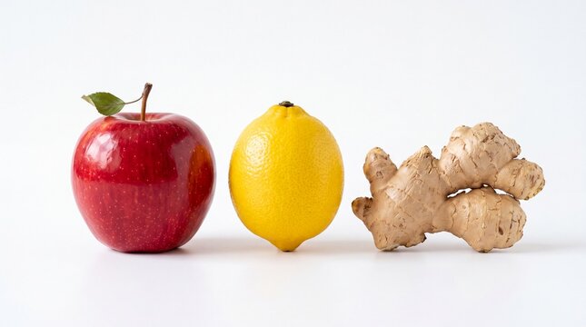 Fresh red apple vibrant yellow lemon and raw ginger root isolated on white background
