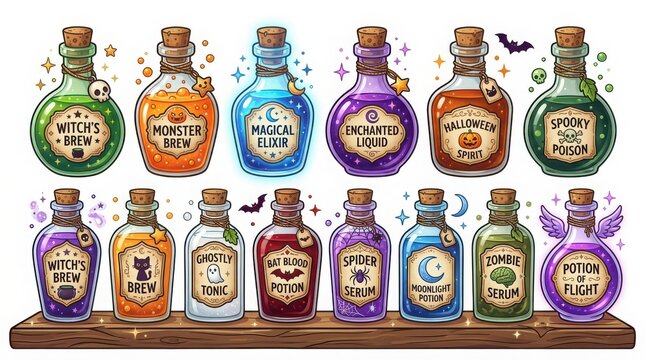 Collection of magical potion bottles with labels on wooden shelf for fantasy and halloween display.
