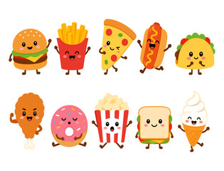 Naklejka premium Cute cartoon fast food set with smiling faces and playful expressions on white background