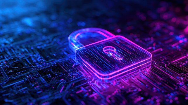 Glowing padlock resting on a digital circuit board with neon blue and purple lighting. Cybersecurity concept for tech.