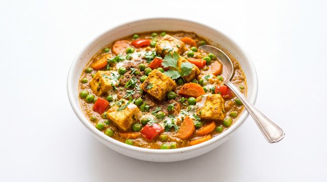 Delicious creamy matar paneer curry served in a round bowl with a metal spoon on white background