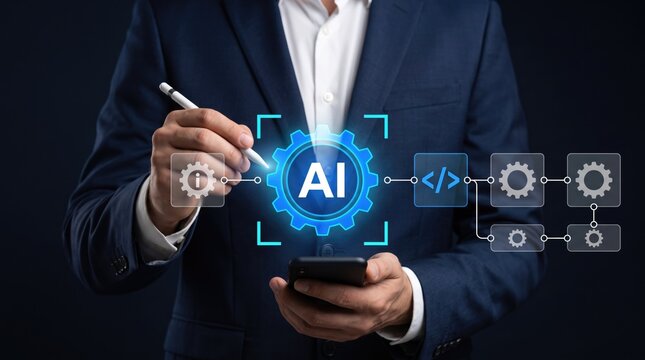 Artificial intelligence workflow concept connecting automation, software development, coding, and intelligent business systems for digital transformation and operational innovation