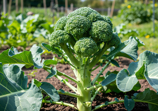 Fresh green broccoli plant growing in a sunny organic garden