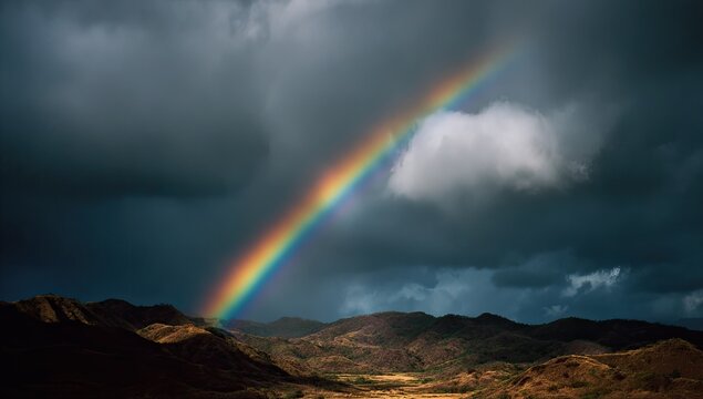 A vibrant rainbow arcs across a brooding sky, casting color on rolling hills below