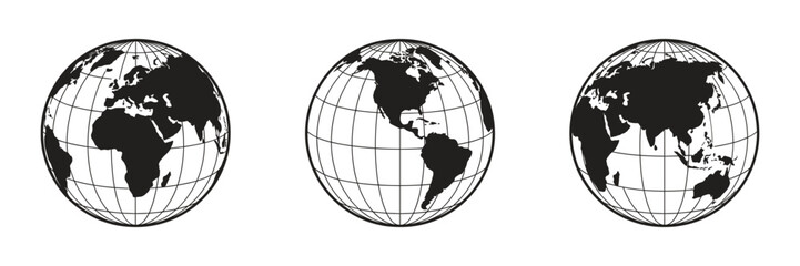 World map globe icon set showing different continents and global geographical views with grid lines, continent © Domestock