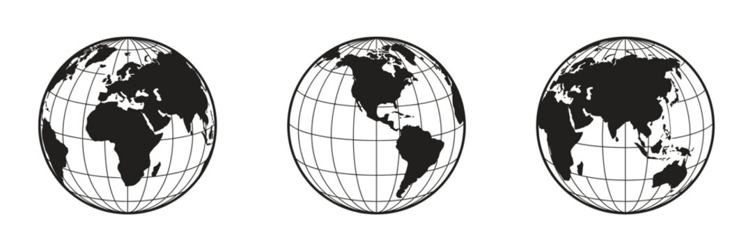 World map globe icon set showing different continents and global geographical views with grid lines, continent