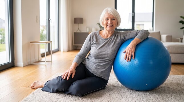 Smiling elderly woman comfortably resting on a swiss exercise ball, healthy active lifestyle concept