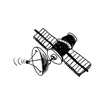 Hand Drawn Satellite Dish Line Art Illustration with Signal Waves