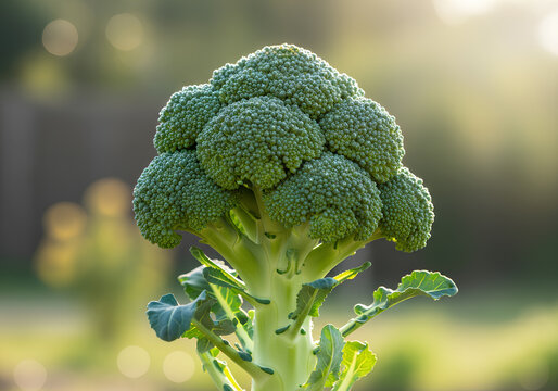 Fresh organic broccoli head growing in a sunny outdoor garden
