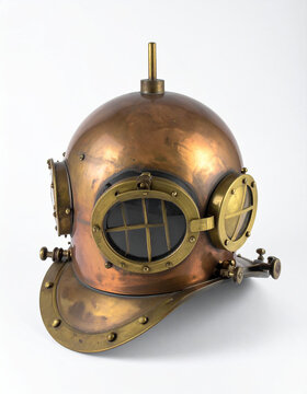 Brass diving helmet vintage deep sea equipment isolated on white