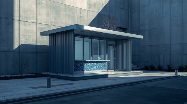Modern minimalist bus stop shelter with glass walls and concrete background.