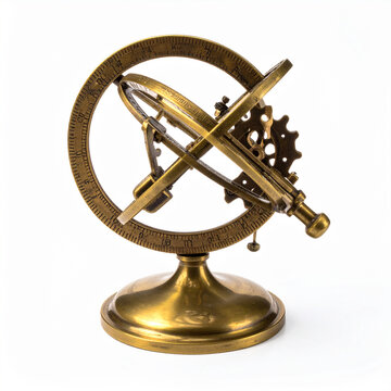 Ornate brass armillary sphere globe isolated on white studio background