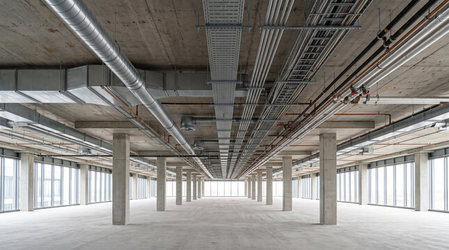 Empty modern industrial warehouse with exposed concrete ceiling and bright natural lighting for commercial use