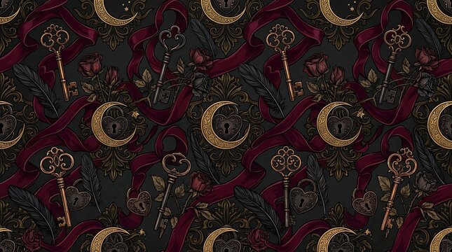 Mystical gothic seamless pattern with vintage golden keys locks roses and crescent moon