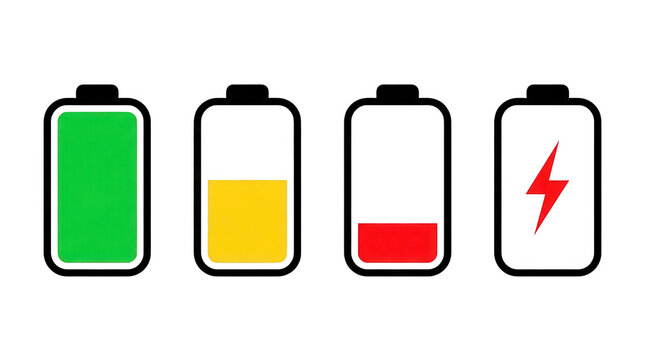 Set of four simple battery charge level icons showing full medium low and empty power status for digital devices or web isolated on transparent background