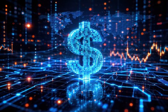 Abstract glowing blue dollar sign symbol in futuristic digital circuit board network, finance concept.