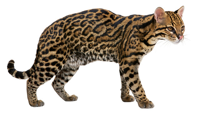 Ocelot wild cat with spotted and striped fur, isolated on transparent background