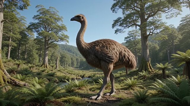 Giant prehistoric bird standing in lush prehistoric forest with ferns and tall trees, sunny day, ancient world