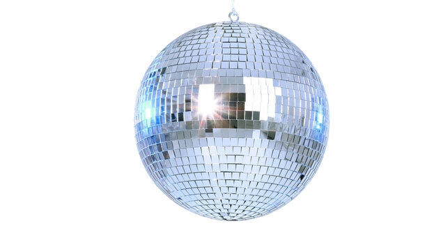 Silver disco ball with reflective mirrored squares, isolated on transparent background