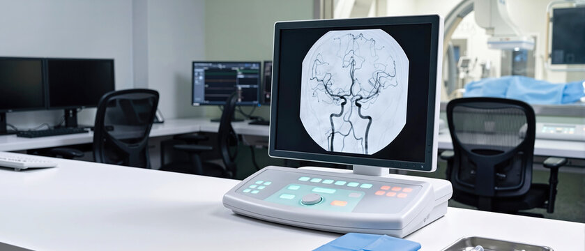 Radiology control room workstation monitor displaying brain angiography scan with cerebral blood vessels. Medical imaging screen with control console in modern hospital diagnostic department